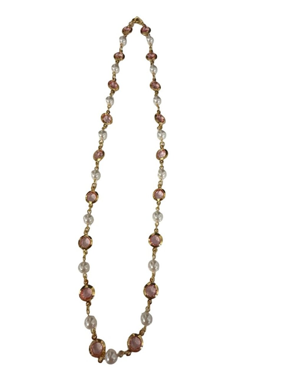 Vintage Pink Rhinestone Faux Pearl Gold Tone Station Necklace 22 Inch